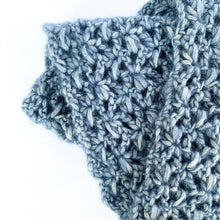 Load image into Gallery viewer, Close-up of Illimani's Amelie Yarn in Denim Blue, crocheted Classic Snood by Erika Knight