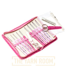Load image into Gallery viewer, Etimo Rose Pink Crochet Hook Set, Open Case with 10 hooks, scissors &amp; tapestry needles